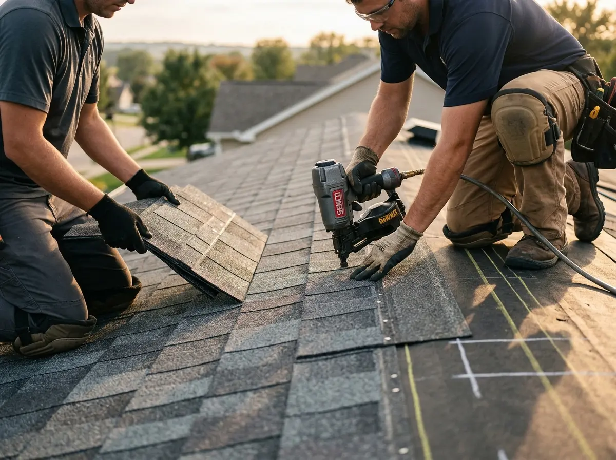 Professional roofer working on a residential roof in Socastee